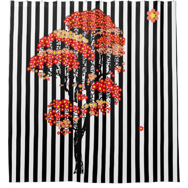 AI-Blume-Tree auf schwarzem und weißem vertikalen  Duschvorhang (Vorderseite)