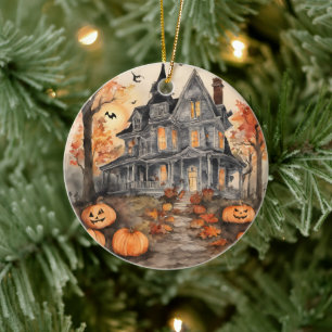 AI erzeugt Spooky Old House Halloween Keramik Ornament