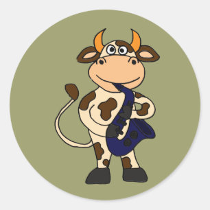 AI - Funny Cow Playing Saxophon Cartoon Runder Aufkleber