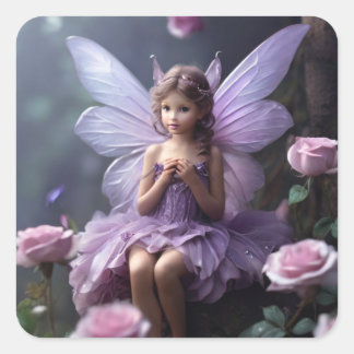 AI Generated Fairy in a Garden of Rose Quadratischer Aufkleber
