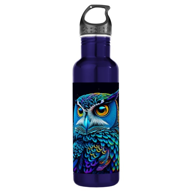 Ai generierte farbenfrohe Owl Edelstahlflasche (Vorderseite)