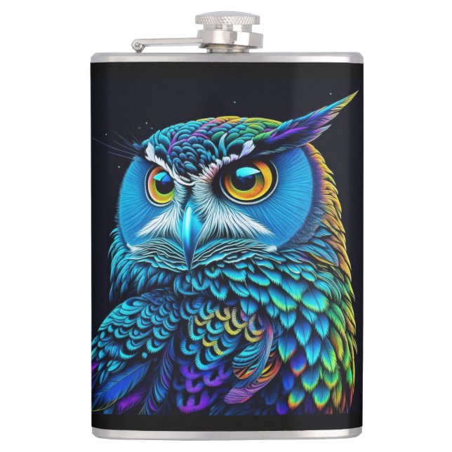 Ai generierte farbenfrohe Owl Flachmann (Vorderseite)