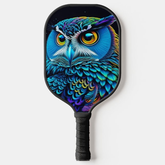 Ai generierte farbenfrohe Owl Pickleball Schläger (Vorderseite)