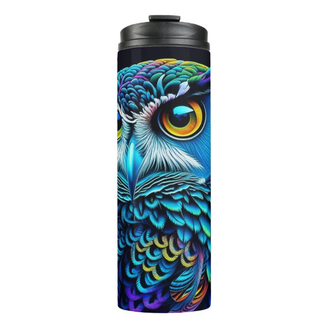 Ai generierte farbenfrohe Owl Thermosbecher (Vorderseite)
