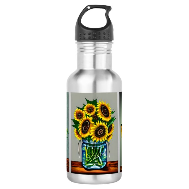 Ai generierte Sonnenblumen in Mason Jar Edelstahlflasche (Vorderseite)