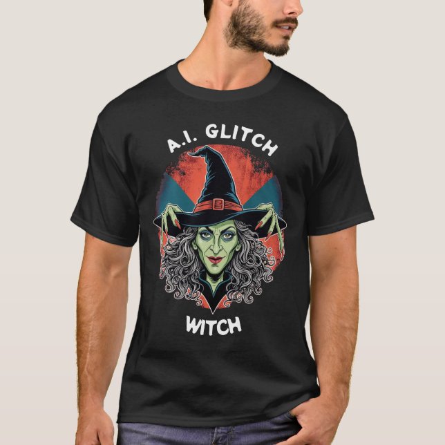 AI Glitch Hexe. Beängstigende Hexe T - Shirt Männe (Vorderseite)
