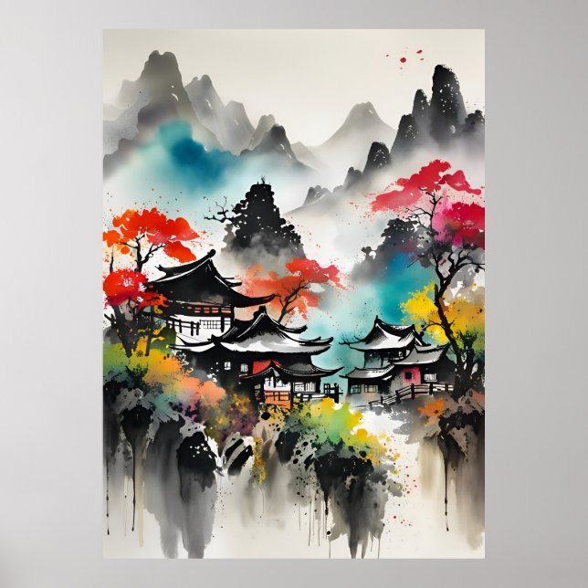 AI Ink Zeichnend Landschaftsposter Poster (Vorne)