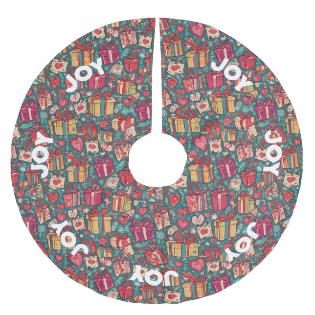 AI Joy Gifts and Hearts Christmas Tree Skirt Polyester Weihnachtsbaumdecke (Vorderseite)