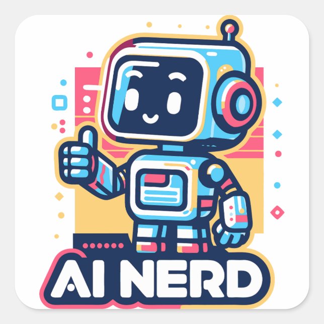 AI Nerd Retro Bot Quadratischer Aufkleber (Vorderseite)