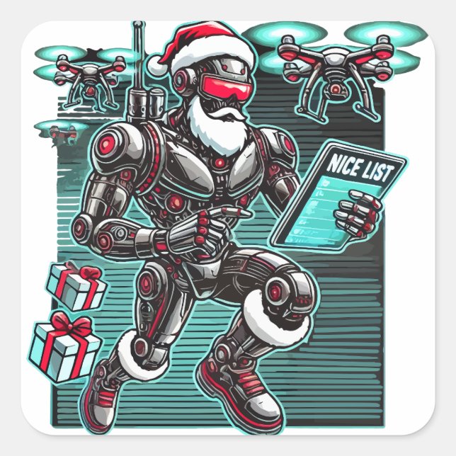 AI Powered Santa Robot mit Dronen und Weihnachten  Quadratischer Aufkleber (Vorderseite)
