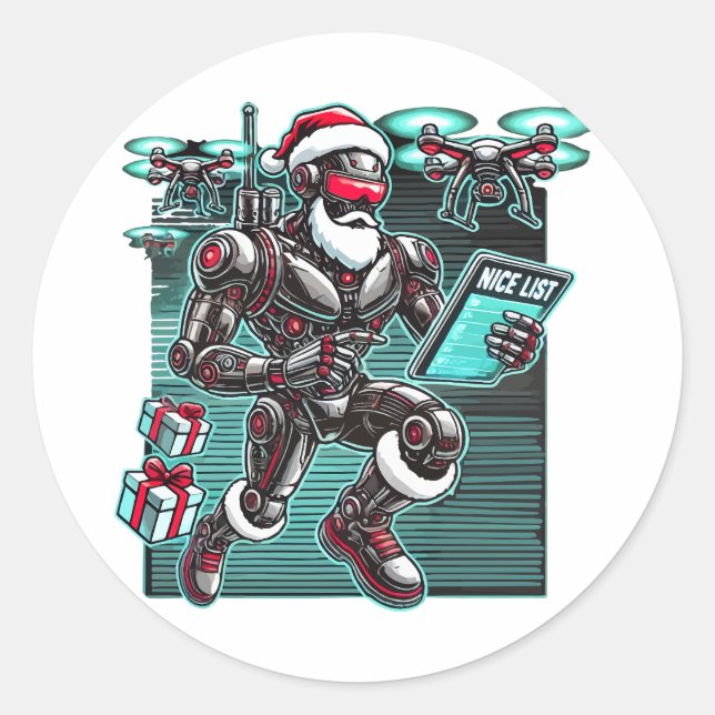 AI Powered Santa Robot mit Dronen und Weihnachten  Runder Aufkleber (Vorderseite)