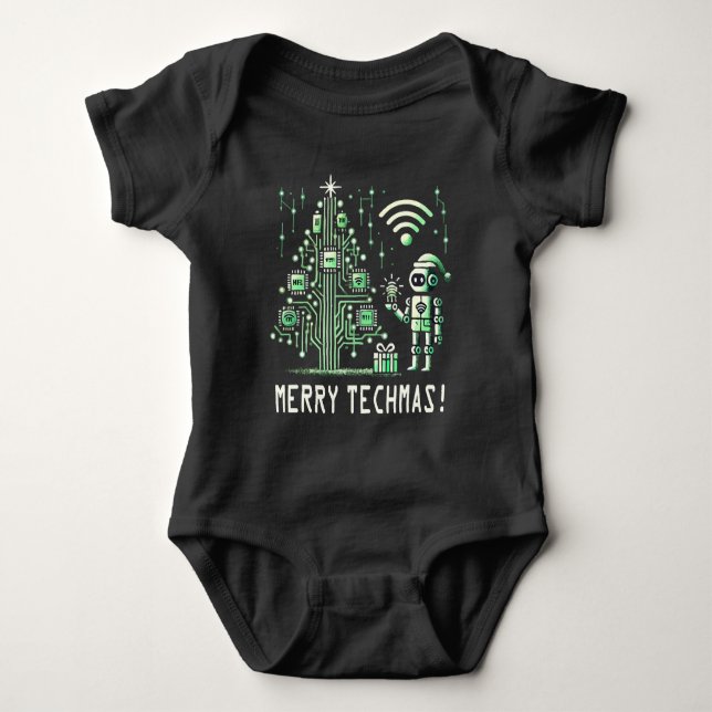 AI Robot mit Tech Christmas Tree - Merry Techmas Baby Strampler (Vorderseite)