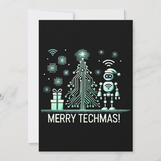 AI Robot mit Tech Christmas Tree - Merry Techmas Einladung (Vorderseite)