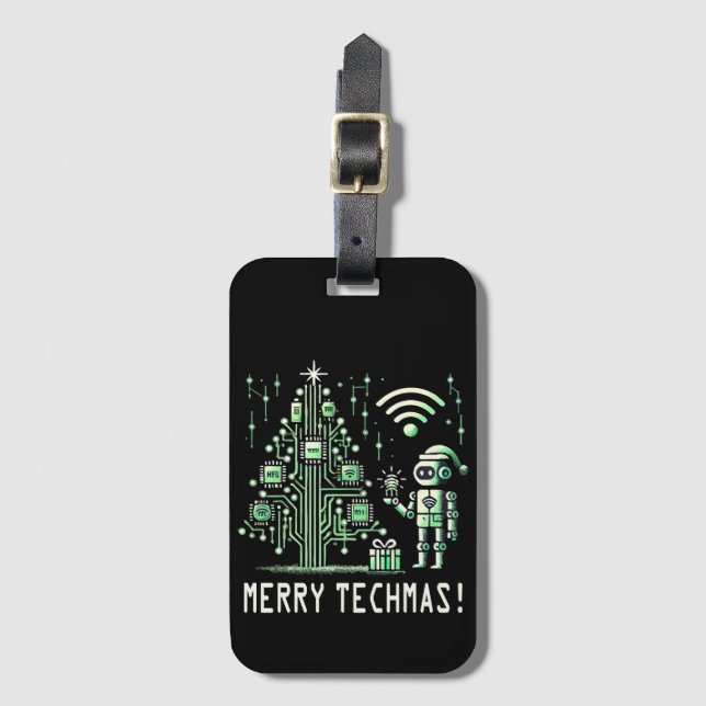 AI Robot mit Tech Christmas Tree - Merry Techmas Gepäckanhänger (Vorderseite Vertikal)