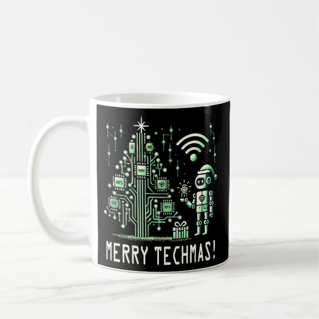 AI Robot mit Tech Christmas Tree - Merry Techmas Kaffeetasse (Links)
