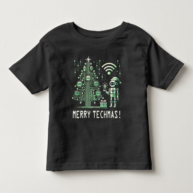 AI Robot mit Tech Christmas Tree - Merry Techmas Kleinkind T-shirt (Vorderseite)