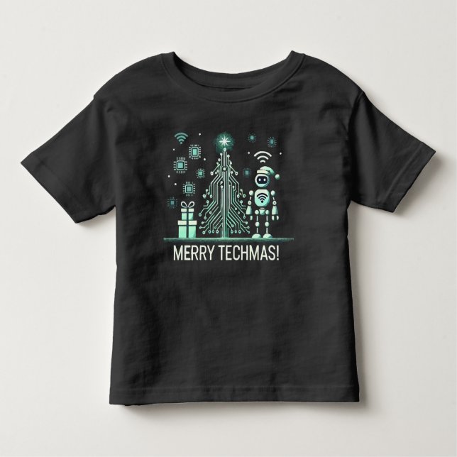 AI Robot mit Tech Christmas Tree - Merry Techmas Kleinkind T-shirt (Vorderseite)