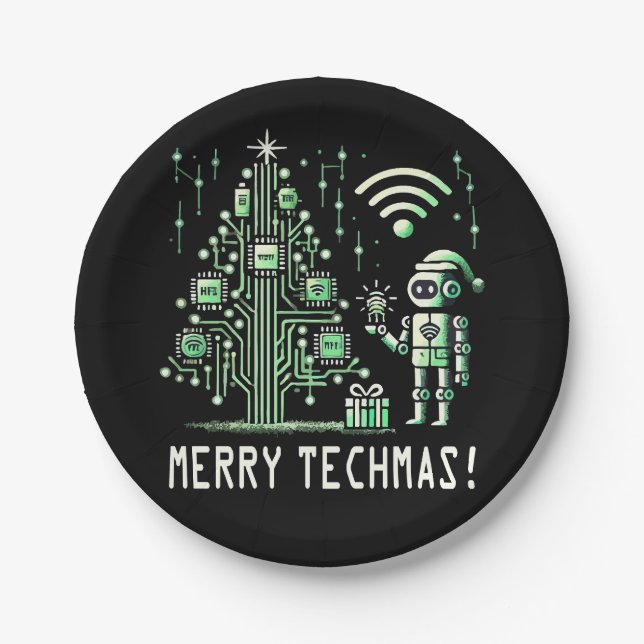 AI Robot mit Tech Christmas Tree - Merry Techmas Pappteller (Vorderseite)