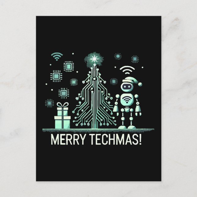 AI Robot mit Tech Christmas Tree - Merry Techmas Postkarte (Vorderseite)