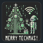 AI Robot mit Tech Christmas Tree - Merry Techmas Quadratischer Aufkleber<br><div class="desc">Feiern Sie den Urlaub mit einer technischen Drehung! Dieses Design umfasst einen KI-Roboter,  der neben einem futuristischen Weihnachtsbaum aus Schaltkreisen und Chips stehend ist. Ideal für Technikfans und für diejenigen,  die Liebe haben,  Ferien mit modernster Technologie zu verbinden.</div>