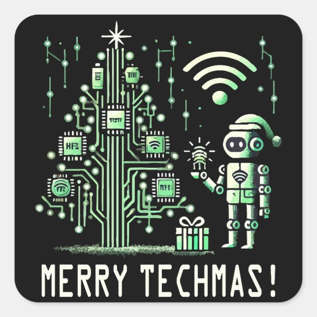 AI Robot mit Tech Christmas Tree - Merry Techmas Quadratischer Aufkleber (Vorderseite)