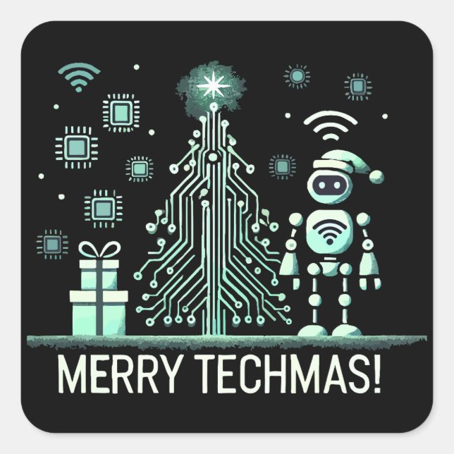AI Robot mit Tech Christmas Tree - Merry Techmas Quadratischer Aufkleber (Vorderseite)