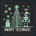AI Robot mit Tech Christmas Tree - Merry Techmas Quadratischer Aufkleber<br><div class="desc">Feiern Sie den Urlaub mit einer technischen Drehung! Dieses Design umfasst einen KI-Roboter,  der neben einem futuristischen Weihnachtsbaum aus Schaltkreisen und Chips stehend ist. Ideal für Technikfans und für diejenigen,  die Liebe haben,  Ferien mit modernster Technologie zu verbinden.</div>