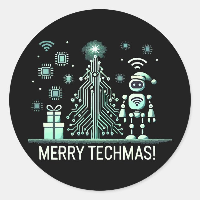 AI Robot mit Tech Christmas Tree - Merry Techmas Runder Aufkleber (Vorderseite)