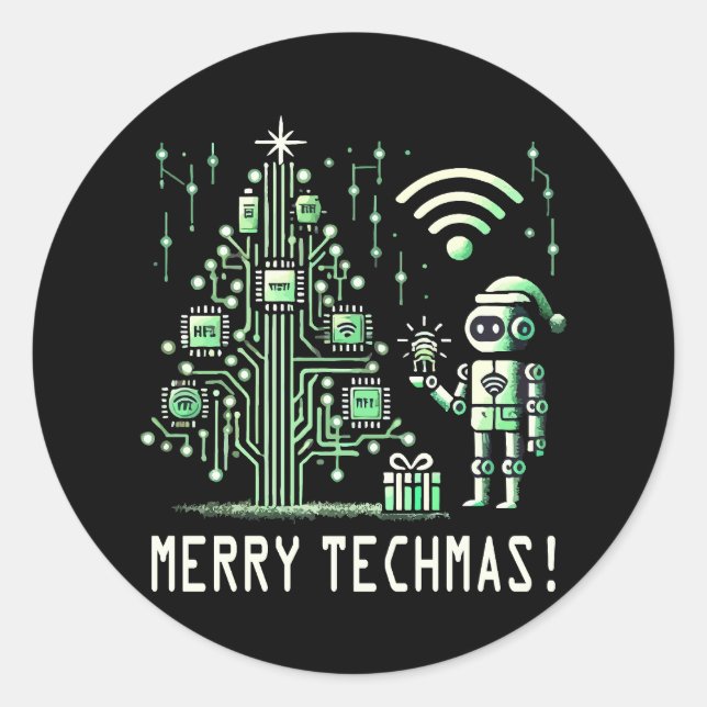 AI Robot mit Tech Christmas Tree - Merry Techmas Runder Aufkleber (Vorderseite)