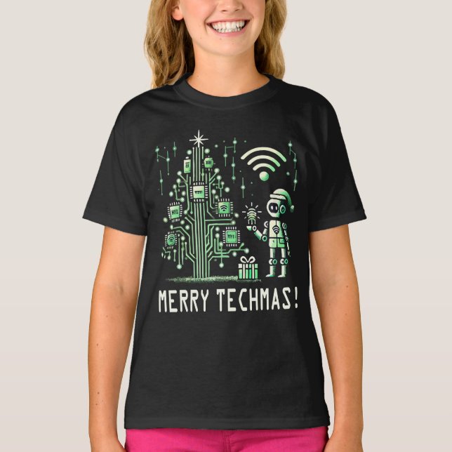 AI Robot mit Tech Christmas Tree - Merry Techmas T-Shirt (Vorderseite)