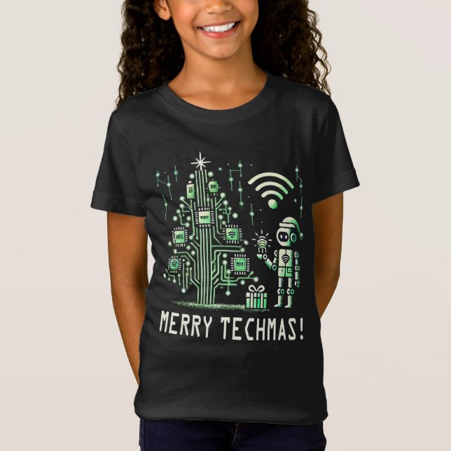 AI Robot mit Tech Christmas Tree - Merry Techmas T-Shirt (Vorderseite)