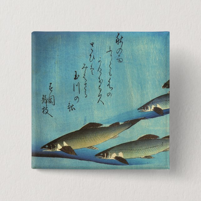 Ai (Trout) - Hiroshige Farbe Japanischer Fisch Pri Button (Vorderseite)