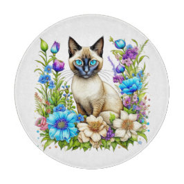 Ai Watercolor Siamese Cat in Blume Schneidebrett