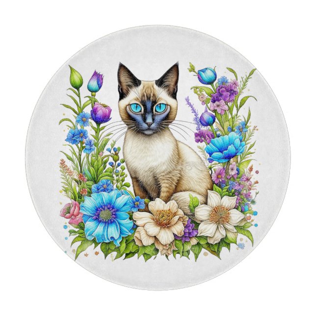 Ai Watercolor Siamese Cat in Blume Schneidebrett (Vorderseite)