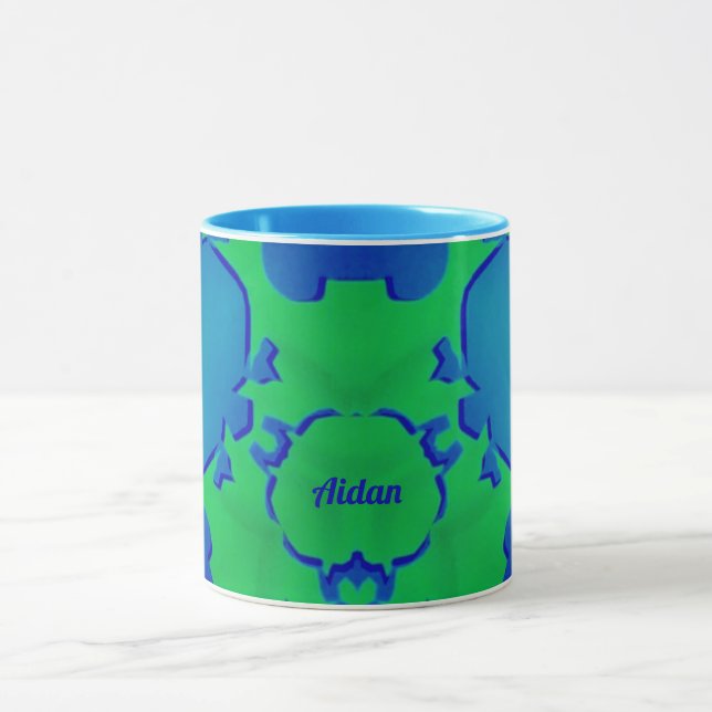 AIDAN ~ Zany 3D Fraktal ~ Blau und Grün Tasse (Zentrum)