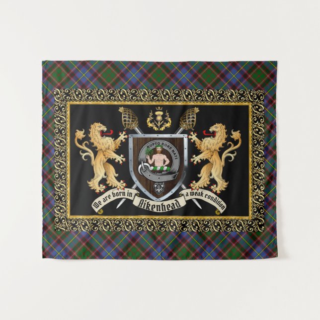 Aikenhead Clan Abzeichen & Motto mit Löwen Wandteppich (Vorderseite (Horizontal))