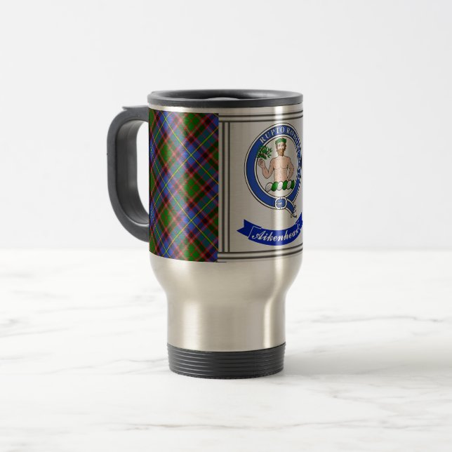 Aikenhead Clan Abzeichen & Tartan Personalisiert Reisebecher (Vorderseite Links)