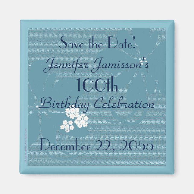 Aimant 100e anniversaire Enregistrer la date Blue Floral  (Devant)