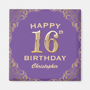 Aimant 16e anniversaire fête violet et or Parties scintil