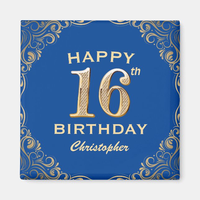 Aimant 16e anniversaire Parties scintillant bleue et or c (Devant)