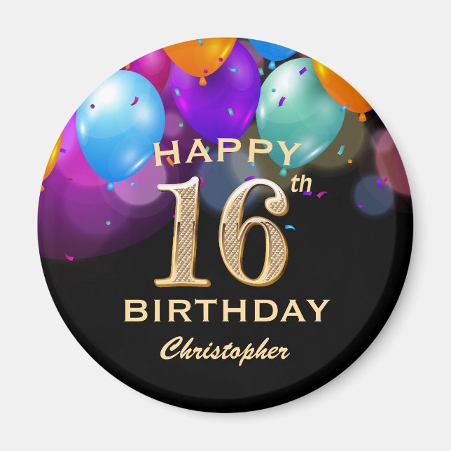 Aimant 16e fête d'anniversaire Ballons noirs et or (Devant)