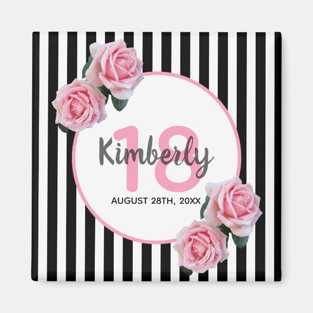 Aimant 18e anniversaire noir rayures florales roses (Devant)