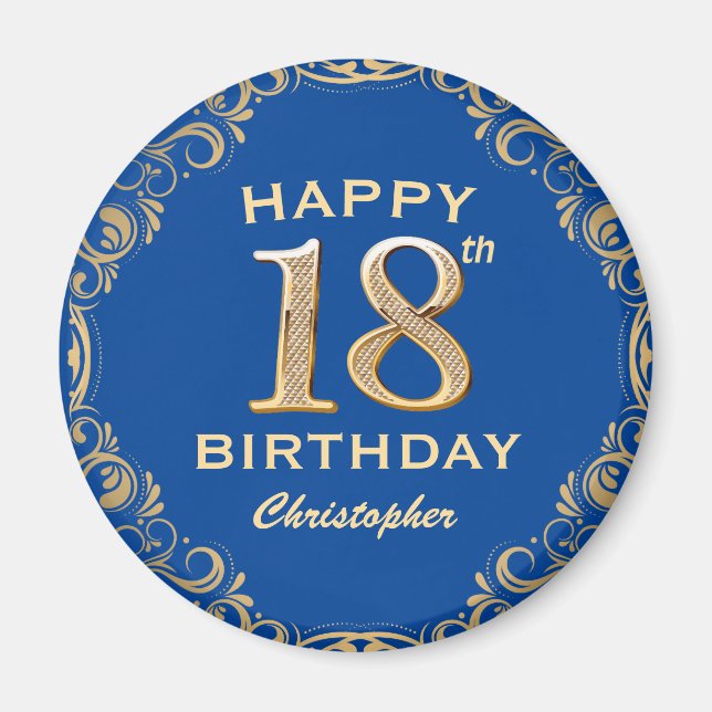 Aimant 18e anniversaire Parties scintillant bleue et or c (Devant)