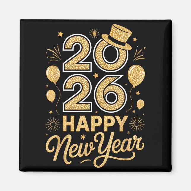 Aimant 2026 Happy New Year Festive Top Hat Balloon Firewo (Devant)