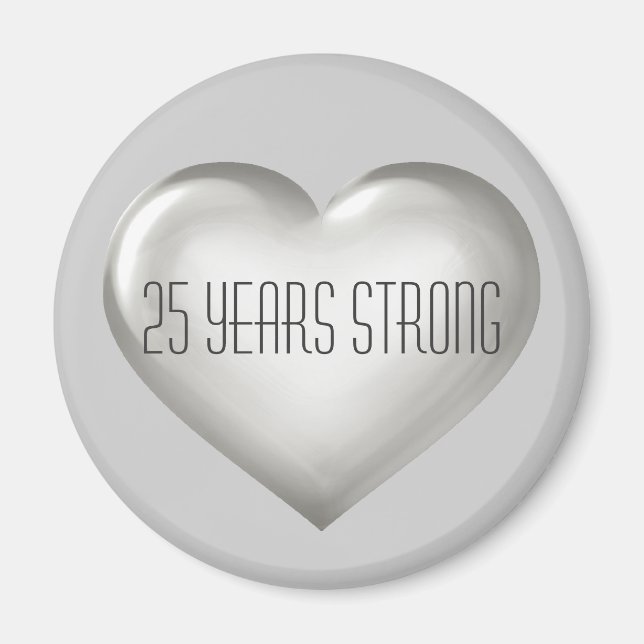 Aimant 25 Anniversaire du coeur d'argent fort (Devant)