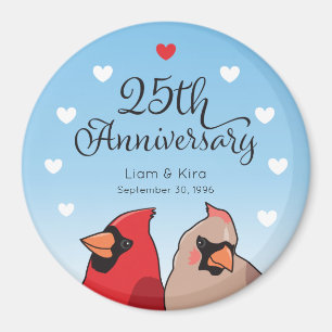 Aimant 25e anniversaire Mariage, cardinal et coeurs
