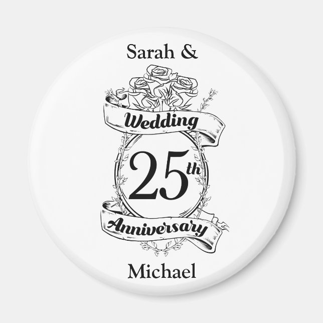 Aimant 25e Rose des fleurs du Mariage d'argent (Devant)