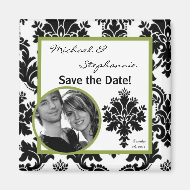 Aimant 2"x2" Enregistrer l'aimant Date Black Green Damask (Devant)