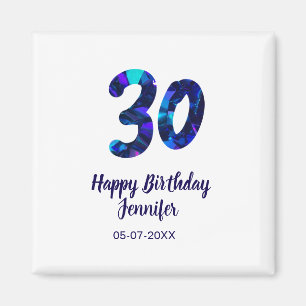 Aimant 30e anniversaire ajouter nom date année bleu scint