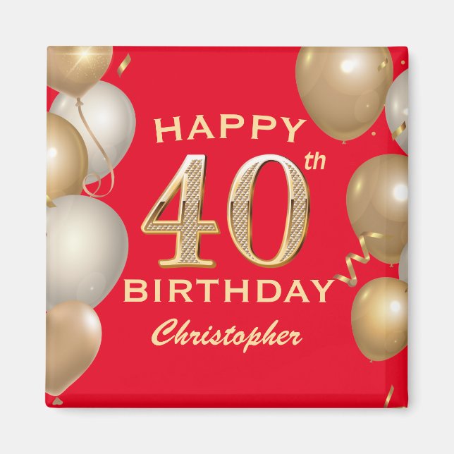 Aimant 40e Anniversaire des Ballons Rouge et Or (Devant)